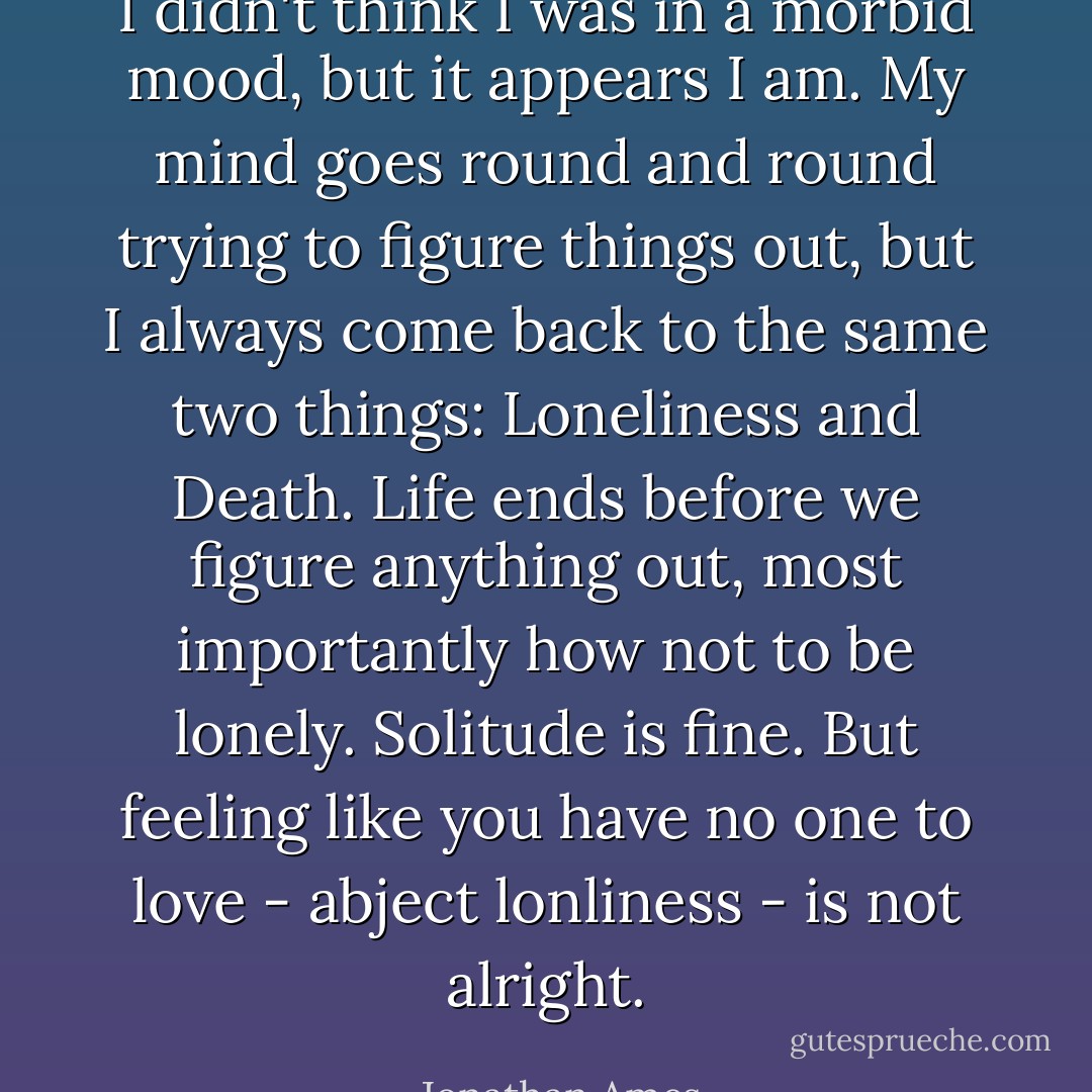 I didn't think I was in a morbid mood, but it appears I am. My mind goes round and round trying to figure things out, but I always come back to the same two things: Loneliness and Death. Life ends before we figure anything out, most importantly how not to be lonely. Solitude is fine. But feeling like you have no one to love - abject lonliness - is not alright. - Jonathan Ames
