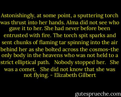 Astonishingly, at some point, a sputtering torch was thrust into her hands. Alma did not see who gave it to her. She had never before been entrusted with fire. The torch spit sparks and sent chunks of flaming tar spinning into the air behind her as she bolted across the cosmos-the only body in the heavens who was not held to a strict elliptical path. <br /><br />Nobody stopped her. <br /><br />She was a comet. <br /><br />She did not know that she was not flying. - Elizabeth Gilbert