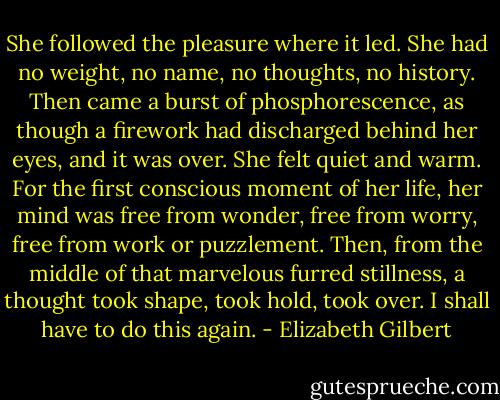 She followed the pleasure where it led. She had no weight, no name, no thoughts, no history. Then came a burst of phosphorescence, as though a firework had discharged behind her eyes, and it was over. She felt quiet and warm. For the first conscious moment of her life, her mind was free from wonder, free from worry, free from work or puzzlement. Then, from the middle of that marvelous furred stillness, a thought took shape, took hold, took over. I shall have to do this again. - Elizabeth Gilbert