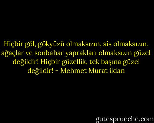 Hiçbir göl, gökyüzü olmaksızın, sis olmaksızın, ağaçlar ve sonbahar yaprakları olmaksızın güzel değildir! Hiçbir güzellik, tek başına güzel değildir! - Mehmet Murat ildan
