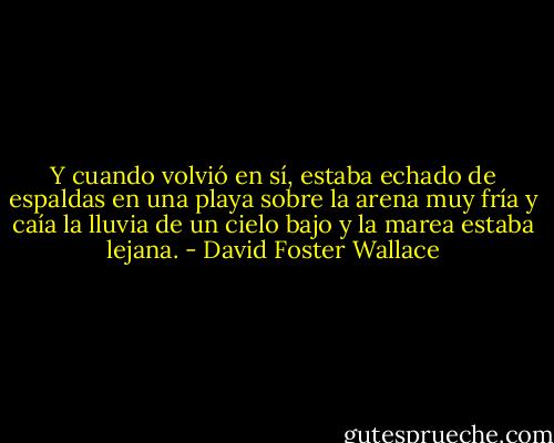 Y cuando volvió en sí, estaba echado de espaldas en una playa sobre la arena muy fría y caía la lluvia de un cielo bajo y la marea estaba lejana. - David Foster Wallace
