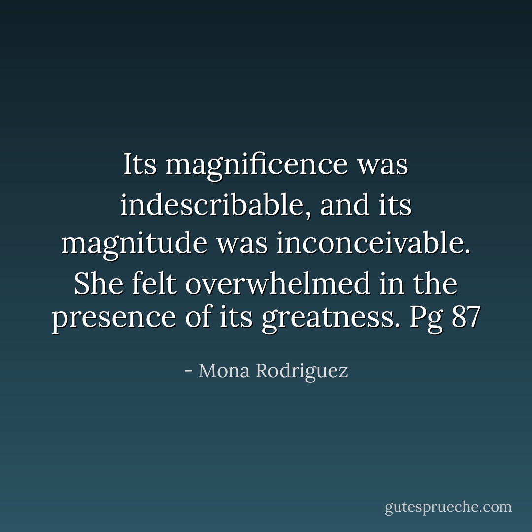 Its magnificence was indescribable, and its magnitude was inconceivable. She felt overwhelmed in the presence of its greatness. Pg 87 - Mona Rodriguez