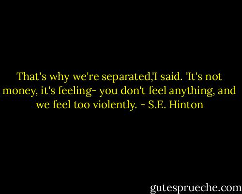 That's why we're separated,'I said. 'It's not money, it's feeling- you don't feel anything, and we feel too violently. - S.E. Hinton
