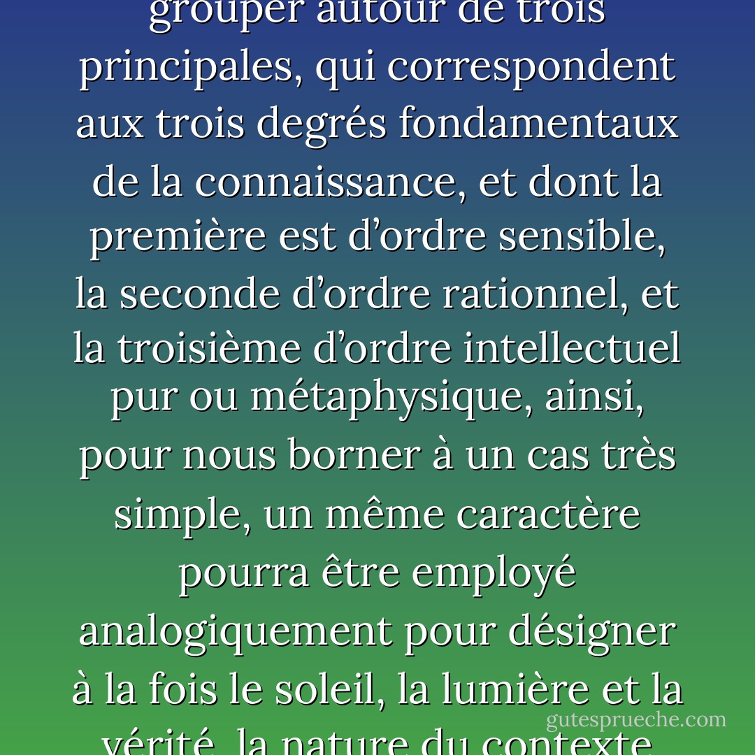 Un exemple remarquable de la pluralité des sens nous est fourni par l’interprétation des caractères idéographiques qui constituent l’écriture chinoise : toutes les significations dont ces caractères sont susceptibles peuvent se grouper autour de trois principales, qui correspondent aux trois degrés fondamentaux de la connaissance, et dont la première est d’ordre sensible, la seconde d’ordre rationnel, et la troisième d’ordre intellectuel pur ou métaphysique, ainsi, pour nous borner à un cas très simple, un même caractère pourra être employé analogiquement pour désigner à la fois le soleil, la lumière et la vérité, la nature du contexte permettant seule de reconnaître, pour chaque application, quelle est celle de ces acceptions qu’il convient d’adopter, d’où les multiples erreurs des traducteurs occidentaux. - René Guénon