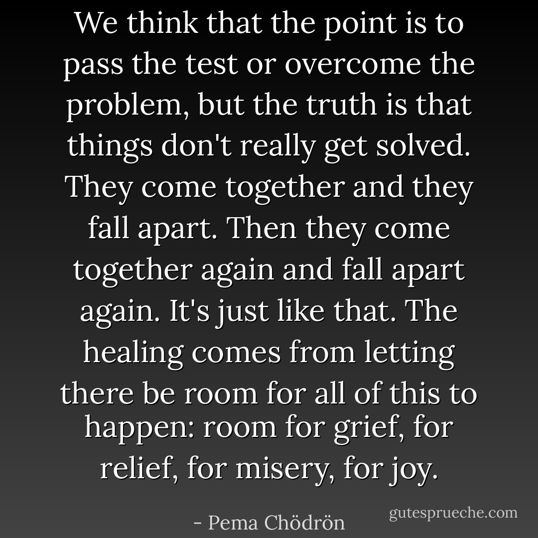 We think that the point is to pass the test or overcome the problem, but the truth is that things don't really get solved. They come together and they fall apart. Then they come together again and fall apart again. It's just like that. The healing comes from letting there be room for all of this to happen: room for grief, for relief, for misery, for joy. - Pema Chödrön