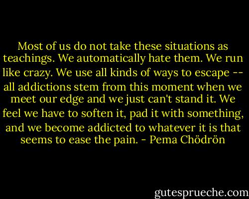 Most of us do not take these situations as teachings. We automatically hate them. We run like crazy. We use all kinds of ways to escape -- all addictions stem from this moment when we meet our edge and we just can't stand it. We feel we have to soften it, pad it with something, and we become addicted to whatever it is that seems to ease the pain. - Pema Chödrön