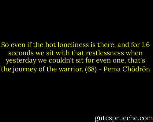 So even if the hot loneliness is there, and for 1.6 seconds we sit with that restlessness when yesterday we couldn't sit for even one, that's the journey of the warrior. (68) - Pema Chödrön
