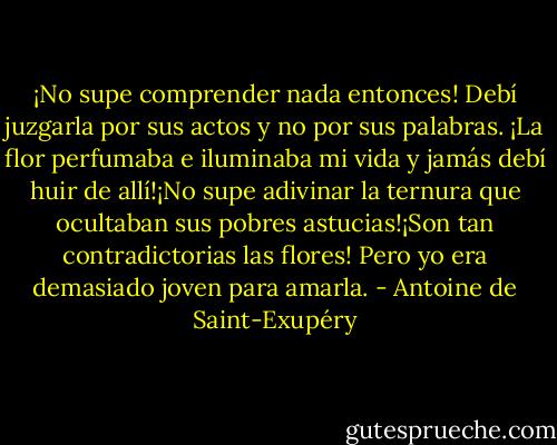 ¡No supe comprender nada entonces! Debí juzgarla por sus actos y no por sus palabras. ¡La flor perfumaba e iluminaba mi vida y jamás debí huir de allí!¡No supe adivinar la ternura que ocultaban sus pobres astucias!¡Son tan contradictorias las flores! Pero yo era demasiado joven para amarla. - Antoine de Saint-Exupéry
