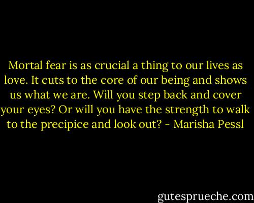 Mortal fear is as crucial a thing to our lives as love. It cuts to the core of our being and shows us what we are. Will you step back and cover your eyes? Or will you have the strength to walk to the precipice and look out? - Marisha Pessl