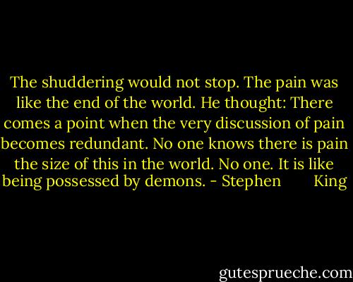 The shuddering would not stop. The pain was like the end of the world. He thought: There comes a point when the very discussion of pain becomes redundant. No one knows there is pain the size of this in the world. No one. It is like being possessed by demons. - Stephen        King