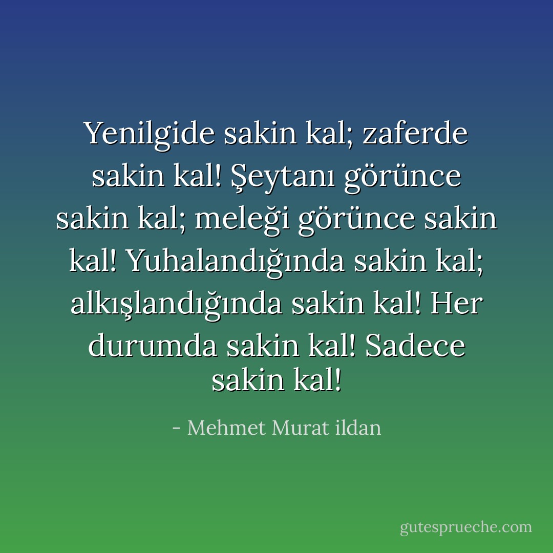 Yenilgide sakin kal; zaferde sakin kal! Şeytanı görünce sakin kal; meleği görünce sakin kal! Yuhalandığında sakin kal; alkışlandığında sakin kal! Her durumda sakin kal! Sadece sakin kal! - Mehmet Murat ildan