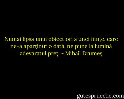 Numai lipsa unui obiect ori a unei fiinţe, care ne-a aparţinut o dată, ne pune la lumină adevaratul preţ. - Mihail Drumeş