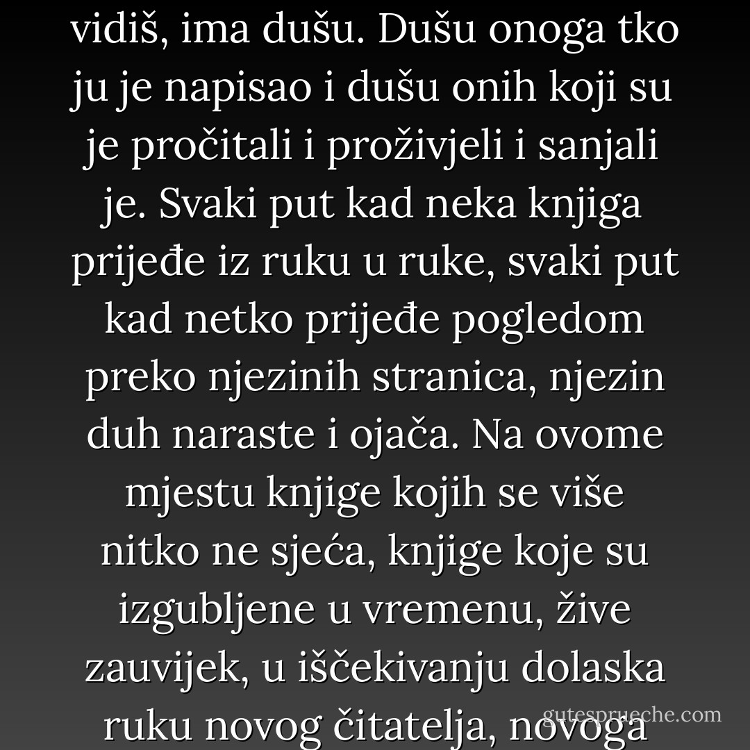 Ovo je mjesto tajna. Svetište. Svaka knjiga, svaki svezak koji vidiš, ima dušu. Dušu onoga tko ju je napisao i dušu onih koji su je pročitali i proživjeli i sanjali je. Svaki put kad neka knjiga prijeđe iz ruku u ruke, svaki put kad netko prijeđe pogledom preko njezinih stranica, njezin duh naraste i ojača. Na ovome mjestu knjige kojih se više nitko ne sjeća, knjige koje su izgubljene u vremenu, žive zauvijek, u iščekivanju dolaska ruku novog čitatelja, novoga duha... - Carlos Ruiz Zafón
