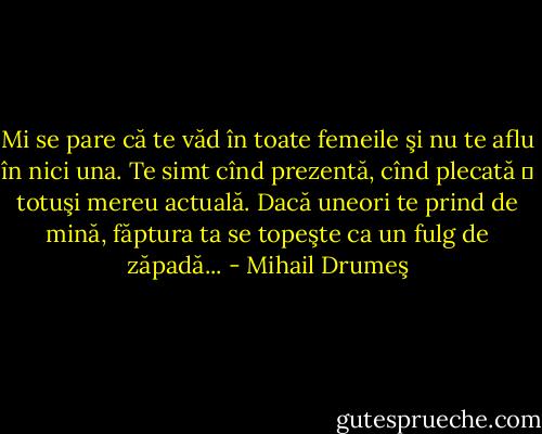 Mi se pare că te văd în toate femeile şi nu te aflu în nici una. Te simt cînd prezentă, cînd plecată ― totuşi mereu actuală. Dacă uneori te prind de mină, făptura ta se topeşte ca un fulg de zăpadă... - Mihail Drumeş