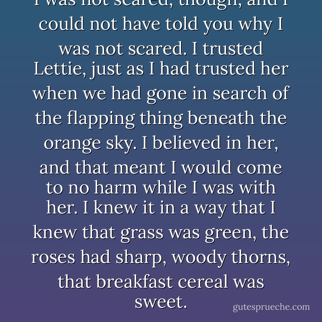 I was not scared, though, and I could not have told you why I was not scared. I trusted Lettie, just as I had trusted her when we had gone in search of the flapping thing beneath the orange sky. I believed in her, and that meant I would come to no harm while I was with her. I knew it in a way that I knew that grass was green, the roses had sharp, woody thorns, that breakfast cereal was sweet. - Neil Gaiman