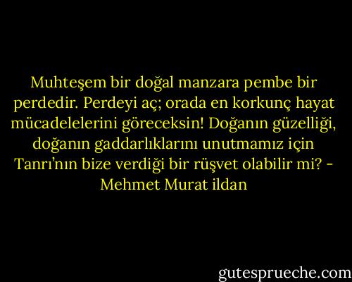 Muhteşem bir doğal manzara pembe bir perdedir. Perdeyi aç; orada en korkunç hayat mücadelelerini göreceksin! Doğanın güzelliği, doğanın gaddarlıklarını unutmamız için Tanrı’nın bize verdiği bir rüşvet olabilir mi? - Mehmet Murat ildan
