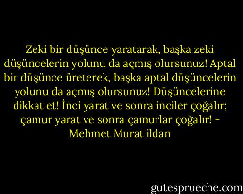 Zeki bir düşünce yaratarak, başka zeki düşüncelerin yolunu da açmış olursunuz! Aptal bir düşünce üreterek, başka aptal düşüncelerin yolunu da açmış olursunuz! Düşüncelerine dikkat et! İnci yarat ve sonra inciler çoğalır; çamur yarat ve sonra çamurlar çoğalır! - Mehmet Murat ildan