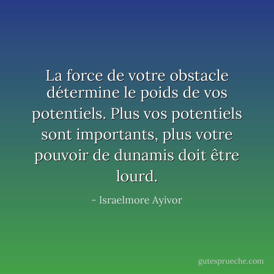 La force de votre obstacle détermine le poids de vos potentiels. Plus vos potentiels sont importants, plus votre pouvoir de dunamis doit être lourd. - Israelmore Ayivor