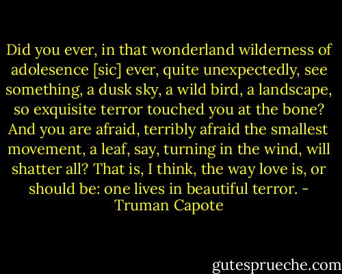 Did you ever, in that wonderland wilderness of adolesence [sic] ever, quite unexpectedly, see something, a dusk sky, a wild bird, a landscape, so exquisite terror touched you at the bone? And you are afraid, terribly afraid the smallest movement, a leaf, say, turning in the wind, will shatter all? That is, I think, the way love is, or should be: one lives in beautiful terror. - Truman Capote