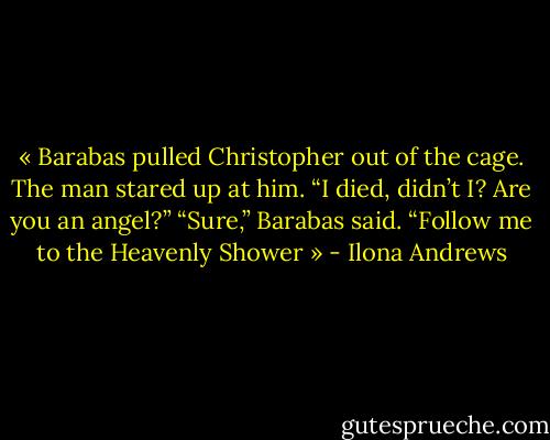 « Barabas pulled Christopher out of the cage. The man stared up at him. “I died, didn’t I? Are you an angel?”<br />“Sure,” Barabas said. “Follow me to the Heavenly Shower » - Ilona Andrews