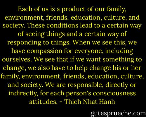 Each of us is a product of our family, environment, friends, education, culture, and society. These conditions lead to a certain way of seeing things and a certain way of responding to things. When we see this, we have compassion for everyone, including ourselves. We see that if we want something to change, we also have to help change his or her family, environment, friends, education, culture, and society. We are responsible, directly or indirectly, for each person's consciousness attitudes. - Thich Nhat Hanh