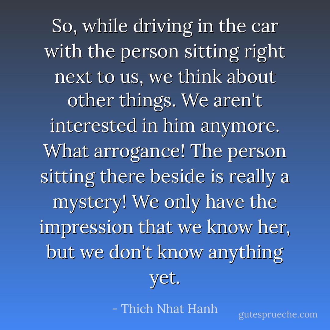 So, while driving in the car with the person sitting right next to us, we think about other things. We aren't interested in him anymore. What arrogance! The person sitting there beside is really a mystery! We only have the impression that we know her, but we don't know anything yet. - Thich Nhat Hanh