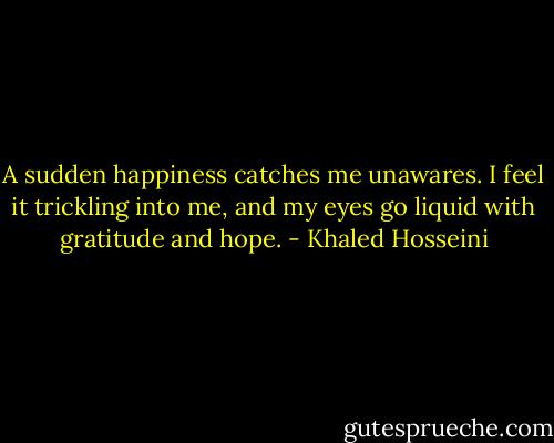 A sudden happiness catches me unawares. I feel it trickling into me, and my eyes go liquid with gratitude and hope. - Khaled Hosseini