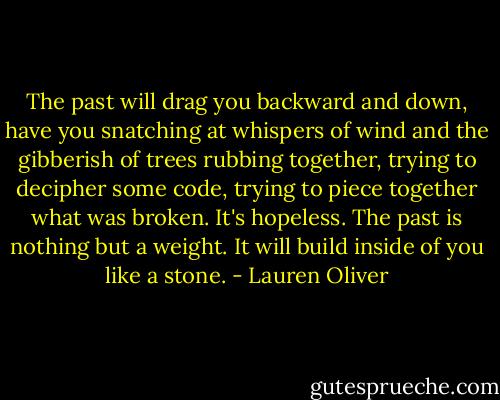 The past will drag you backward and down, have you snatching at whispers of wind and the gibberish of trees rubbing together, trying to decipher some code, trying to piece together what was broken. It's hopeless. The past is nothing but a weight. It will build inside of you like a stone. - Lauren Oliver