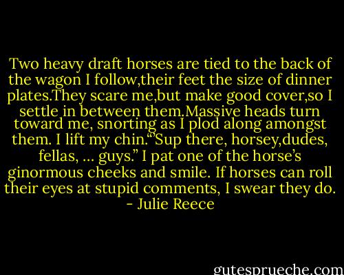 Two heavy draft horses are tied to the back of the wagon I follow,their feet the size of dinner plates.They scare me,but make good cover,so I settle in between them.Massive heads turn toward me, snorting as I plod along amongst them.<br />I lift my chin.“’Sup there, horsey,dudes, fellas, … guys.” I pat one of the horse’s ginormous cheeks and smile. If horses can roll their eyes at stupid comments, I swear they do. - Julie Reece