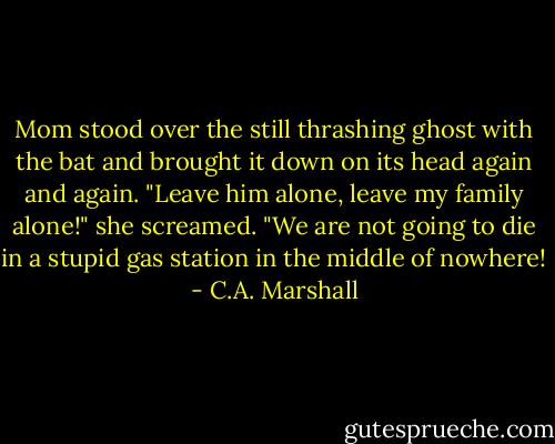 Mom stood over the still thrashing ghost with the bat and brought it down on its head again and again. "Leave him alone, leave my family alone!" she screamed. "We are not going to die in a stupid gas station in the middle of nowhere! - C.A. Marshall