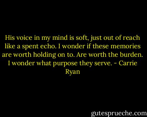 His voice in my mind is soft, just out of reach like a spent echo. I wonder if these memories are worth holding on to. Are worth the burden. I wonder what purpose they serve. - Carrie Ryan