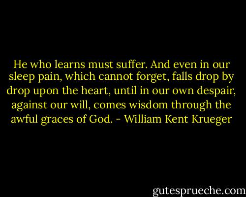 He who learns must suffer. And even in our sleep pain, which cannot forget, falls drop by drop upon the heart, until in our own despair, against our will, comes wisdom through the awful graces of God. - William Kent Krueger
