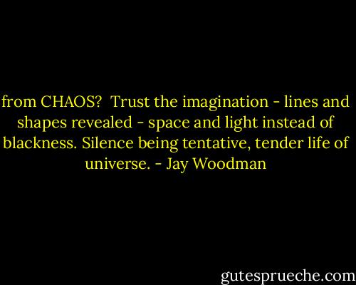 from CHAOS?<br /><br />Trust the imagination - lines and shapes revealed - space and light instead of blackness. Silence being tentative, tender life of universe. - Jay Woodman