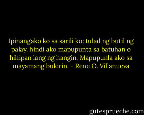 Ipinangako ko sa sarili ko: tulad ng butil ng palay, hindi ako mapupunta sa batuhan o hihipan lang ng hangin. Mapupunla ako sa mayamang bukirin. - Rene O. Villanueva