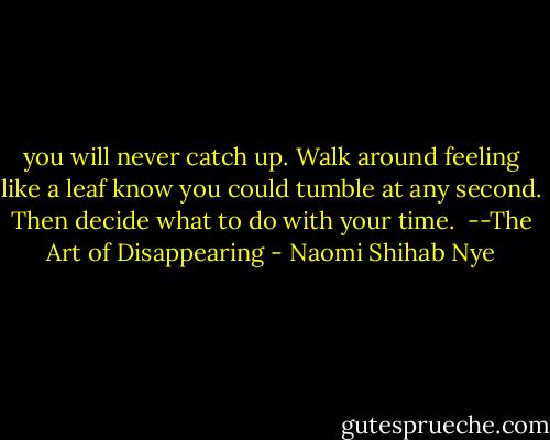 you will never catch up.<br />Walk around feeling like a leaf<br />know you could tumble at any second.<br />Then decide what to do with your time.<br /><br />--The Art of Disappearing - Naomi Shihab Nye