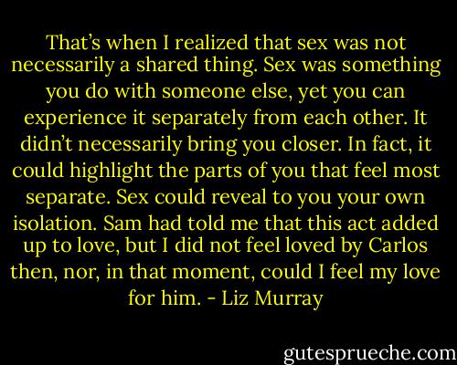 That’s when I realized that sex was not necessarily a shared thing. Sex was something you do with someone else, yet you can experience it separately from each other. It didn’t necessarily bring you closer. In fact, it could highlight the parts of you that feel most separate. Sex could reveal to you your own isolation. Sam had told me that this act added up to love, but I did not feel loved by Carlos then, nor, in that moment, could I feel my love for him. - Liz Murray