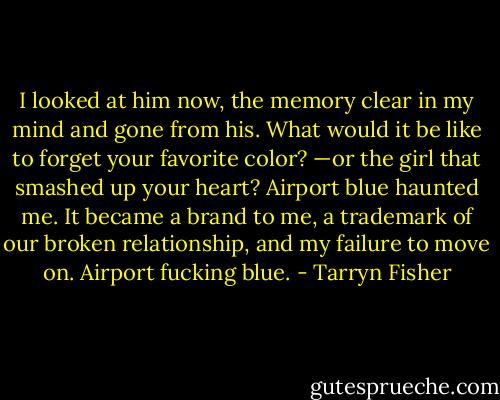 I looked at him now, the memory clear in my mind and gone from his. What would it be like to forget your favorite color? —or the girl that smashed up your heart? Airport blue haunted me. It became a brand to me, a trademark of our broken relationship, and my failure to move on. Airport fucking blue. - Tarryn Fisher