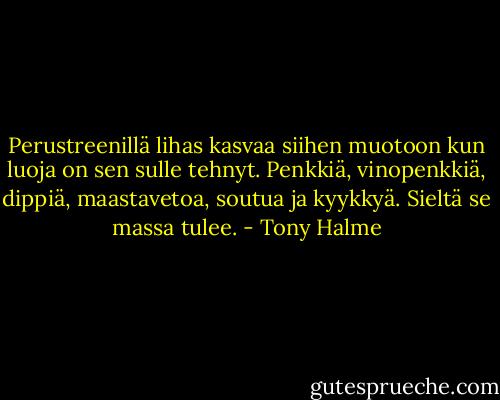 Perustreenillä lihas kasvaa siihen muotoon kun luoja on sen sulle tehnyt. Penkkiä, vinopenkkiä, dippiä, maastavetoa, soutua ja kyykkyä. Sieltä se massa tulee. - Tony Halme