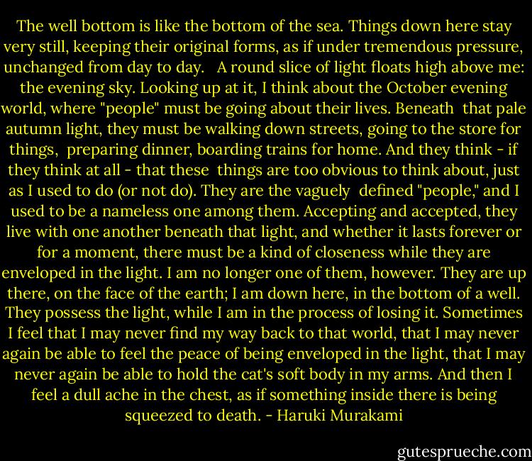 The well bottom is like the bottom of the sea. Things down here stay very still, keeping their original forms, as if under tremendous pressure, unchanged from day to day. <br /><br />A round slice of light floats high above me: the evening sky. Looking up at it, I think about the October evening world, where "people" must be going about their lives. Beneath <br />that pale autumn light, they must be walking down streets, going to the store for things, <br />preparing dinner, boarding trains for home. And they think - if they think at all - that these <br />things are too obvious to think about, just as I used to do (or not do). They are the vaguely <br />defined "people," and I used to be a nameless one among them. Accepting and accepted, they live with one another beneath that light, and whether it lasts forever or for a moment, there must be a kind of closeness while they are enveloped in the light. I am no longer one of them, however. They are up there, on the face of the earth; I am down here, in the bottom of a well. They possess the light, while I am in the process of losing it. Sometimes I feel that I may never find my way back to that world, that I may never again be able to feel the peace of being enveloped in the light, that I may never again be able to hold the cat's soft body in my arms. And then I feel a dull ache in the chest, as if something inside there is being squeezed to death. - Haruki Murakami