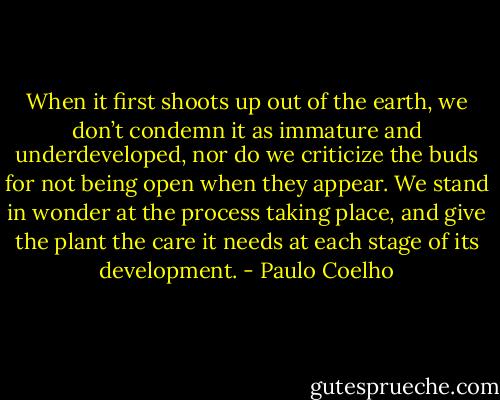 When it first shoots up out of the earth, we don’t condemn it as immature and underdeveloped, nor do we criticize the buds for not being open when they appear. We stand in wonder at the process taking place, and give the plant the care it needs at each stage of its development. - Paulo Coelho
