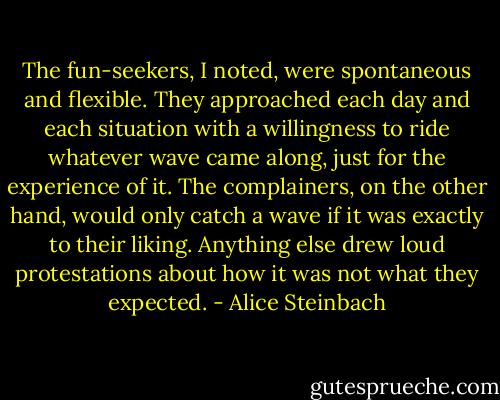 The fun-seekers, I noted, were spontaneous and flexible. They approached each day and each situation with a willingness to ride whatever wave came along, just for the experience of it. The complainers, on the other hand, would only catch a wave if it was exactly to their liking. Anything else drew loud protestations about how it was not what they expected. - Alice Steinbach