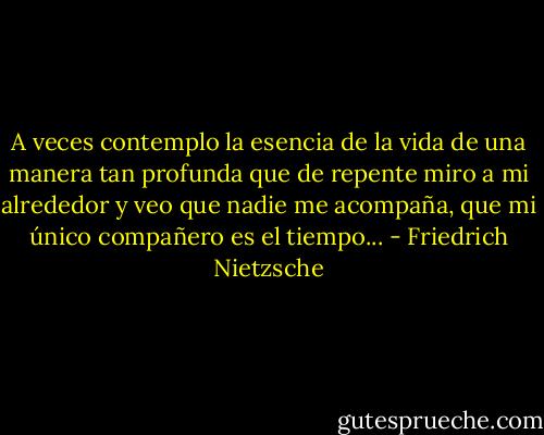 A veces contemplo la esencia de la vida de una manera tan profunda que de repente miro a mi alrededor y veo que nadie me acompaña, que mi único compañero es el tiempo... - Friedrich Nietzsche