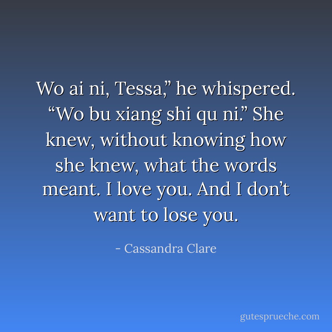Wo ai ni, Tessa,” he whispered. “Wo bu xiang shi qu ni.” She knew, without knowing how she knew, what the words meant. I love you. And I don’t want to lose you. - Cassandra Clare