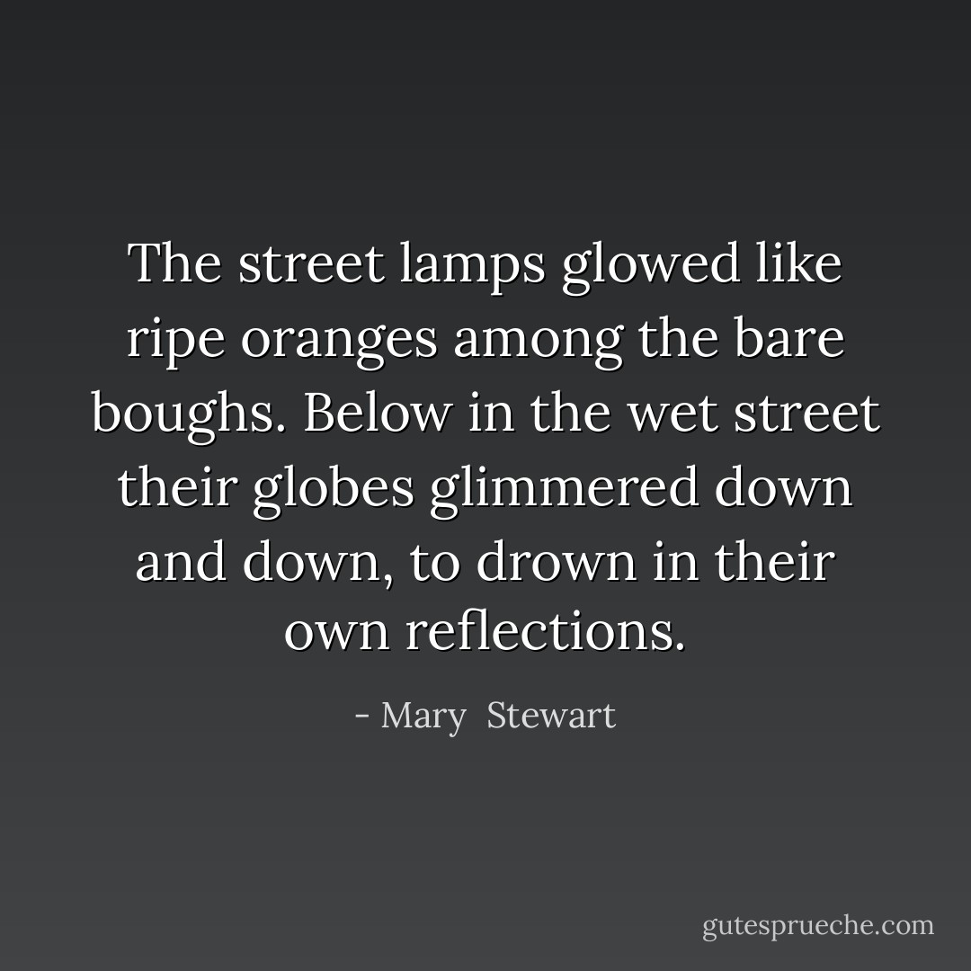 The street lamps glowed like ripe oranges among the bare boughs. Below in the wet street their globes glimmered down and down, to drown in their own reflections. - Mary  Stewart