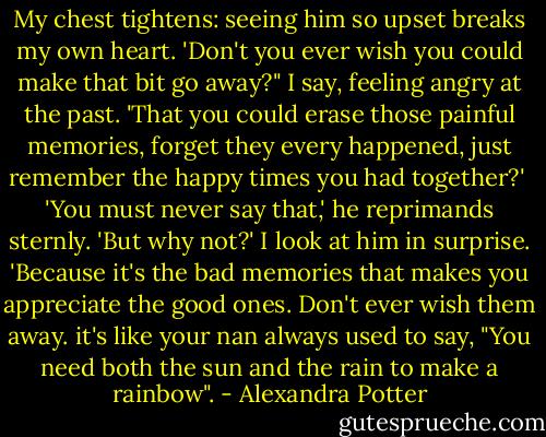 My chest tightens: seeing him so upset breaks my own heart. 'Don't you ever wish you could make that bit go away?" I say, feeling angry at the past. 'That you could erase those painful memories, forget they every happened, just remember the happy times you had together?'<br /><br />'You must never say that,' he reprimands sternly.<br />'But why not?' I look at him in surprise.<br />'Because it's the bad memories that makes you appreciate the good ones. Don't ever wish them away. it's like your nan always used to say, "You need both the sun and the rain to make a rainbow". - Alexandra Potter