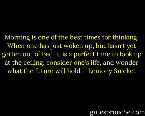 Morning is one of the best times for thinking. When one has just woken up, but hasn't yet gotten out of bed, it is a perfect time to look up at the ceiling, consider one's life, and wonder what the future will hold. - Lemony Snicket