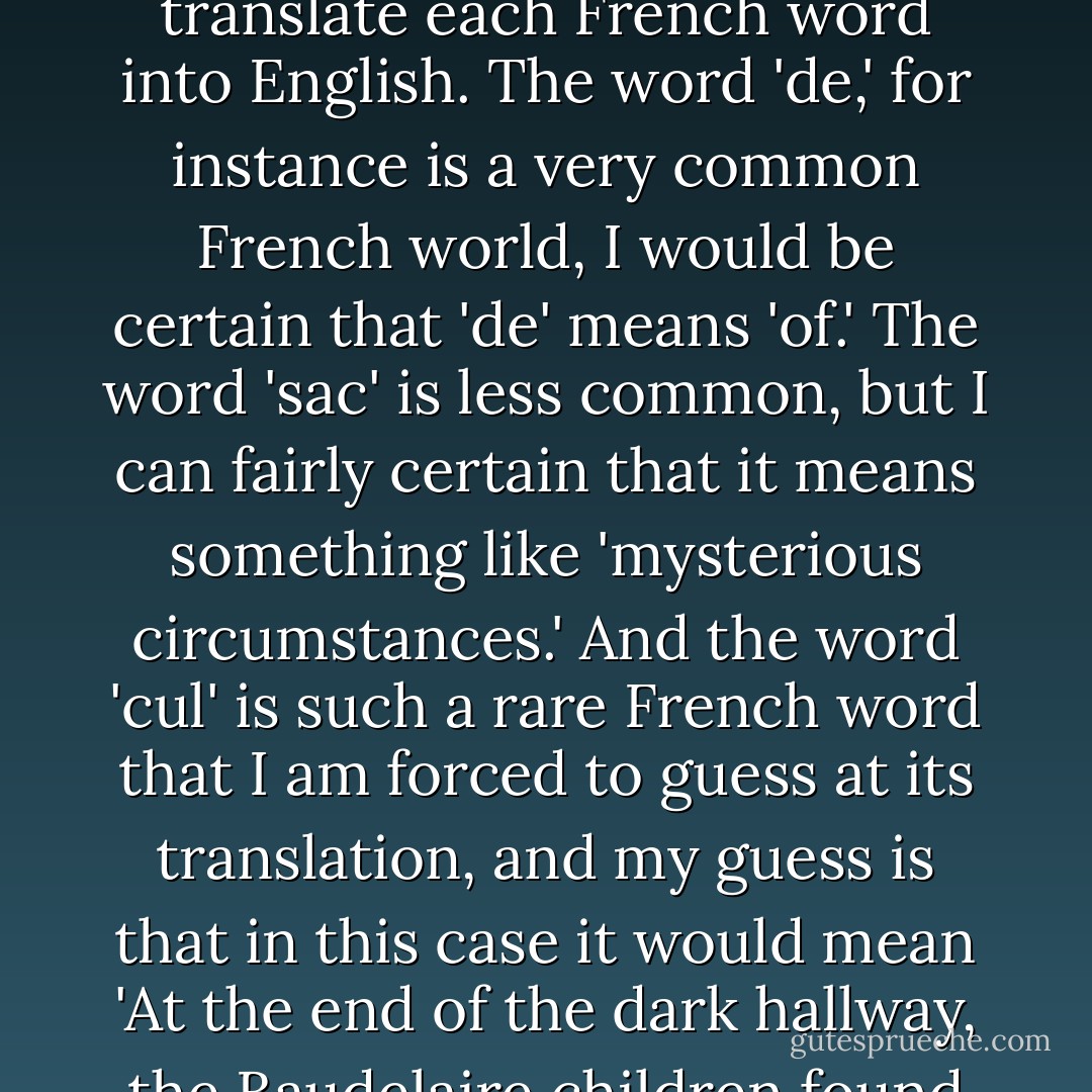 The French expression 'cul-de-sac' describes what the Baudelaire orphans found when they reached the end of the dark hallway, and like all French expressions, it is most easily understood when you translate each French word into English. The word 'de,' for instance is a very common French world, I would be certain that 'de' means 'of.' The word 'sac' is less common, but I can fairly certain that it means something like 'mysterious circumstances.' And the word 'cul' is such a rare French word that I am forced to guess at its translation, and my guess is that in this case it would mean 'At the end of the dark hallway, the Baudelaire children found an assortment,' so that the expression 'cul-de-sac' here means 'At the end of the dark hallway, the Baudelaire children found an assortment of mysterious circumstances. - Lemony Snicket