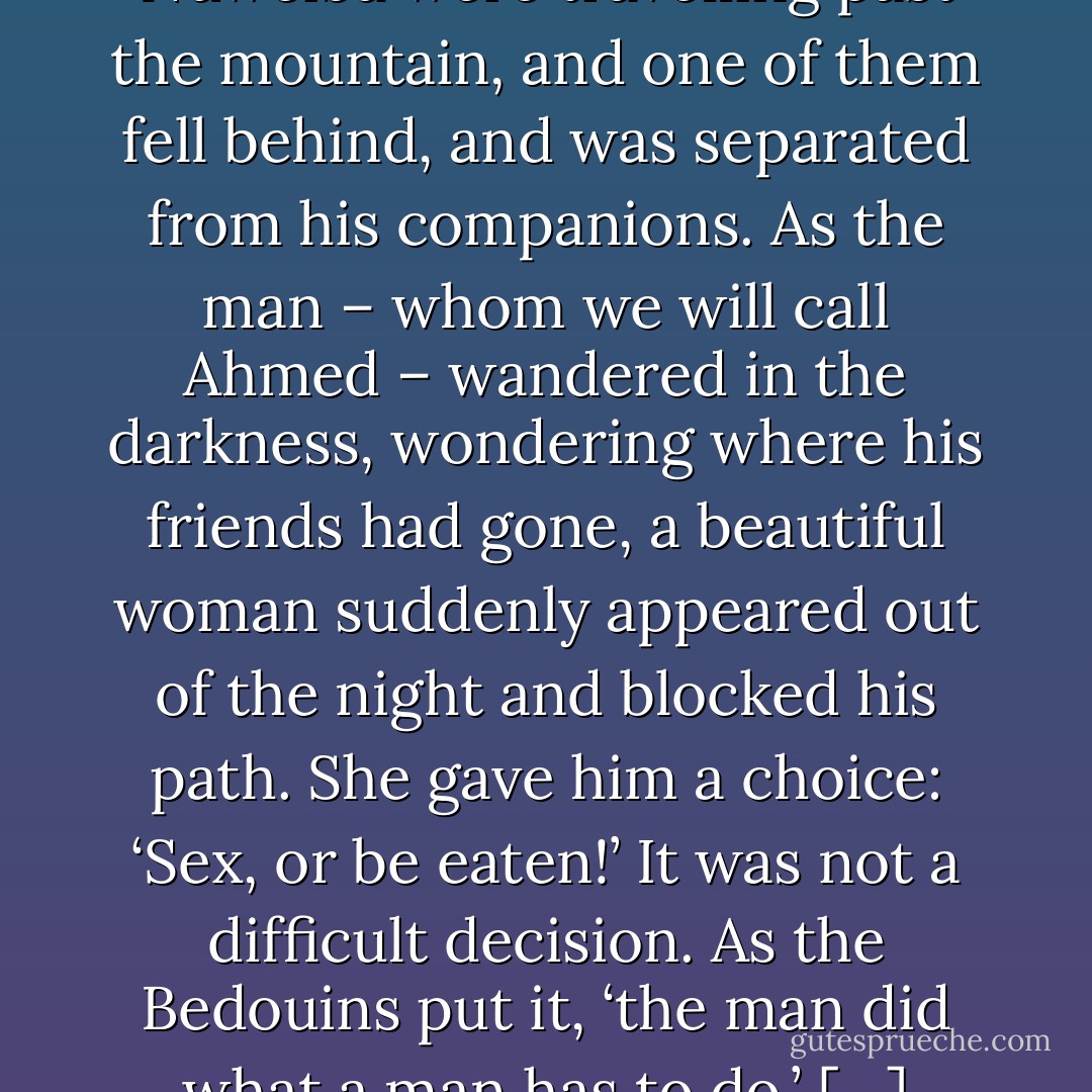 […] One night, five men from Nuweiba were travelling past the mountain, and one of them fell behind, and was separated from his companions. As the man – whom we will call Ahmed – wandered in the darkness, wondering where his friends had gone, a beautiful woman suddenly appeared out of the night and blocked his path. She gave him a choice: ‘Sex, or be eaten!’ It was not a difficult decision. As the Bedouins put it, ‘the man did what a man has to do.’ […] - Robert W. Lebling