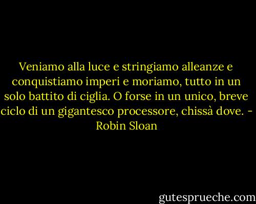 Veniamo alla luce e stringiamo alleanze e conquistiamo imperi e moriamo, tutto in un solo battito di ciglia. O forse in un unico, breve ciclo di un gigantesco processore, chissà dove. - Robin Sloan