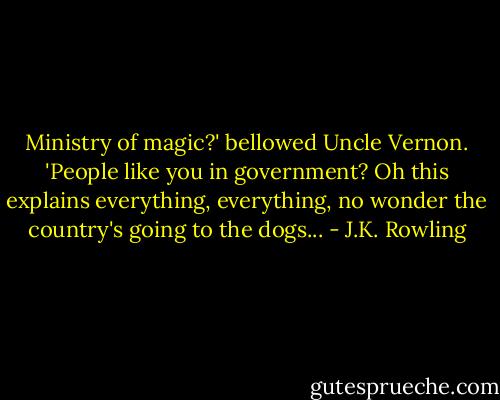 Ministry of magic?' bellowed Uncle Vernon. 'People like you in government? Oh this explains everything, everything, no wonder the country's going to the dogs... - J.K. Rowling